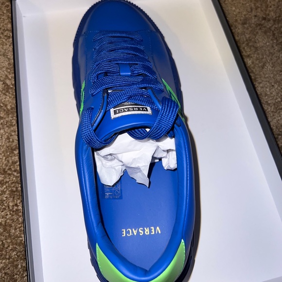 Versace Vitello+Nastro Greca Leather Sneaker in Sapphire+Neon Green Size 44